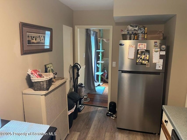 121 Burcher Ave, South Abington Twp, PA 18411 - kitchen with freestanding refrigerator, wood finished floors, and light countertops
