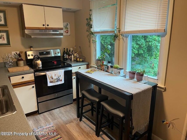 121 Burcher Ave, South Abington Twp, PA 18411 - kitchen featuring under cabinet range hood, stainless steel range with electric stovetop, white cabinetry, light wood-style floors, and light countertops