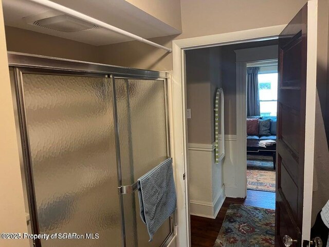 121 Burcher Ave, South Abington Twp, PA 18411 - bathroom with wood finished floors and a stall shower