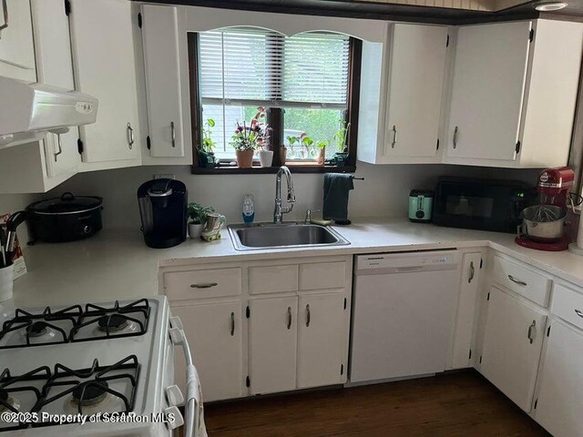 121 Burcher Ave, South Abington Twp, PA 18411 - kitchen with white appliances, a sink, custom range hood, white cabinets, and light countertops