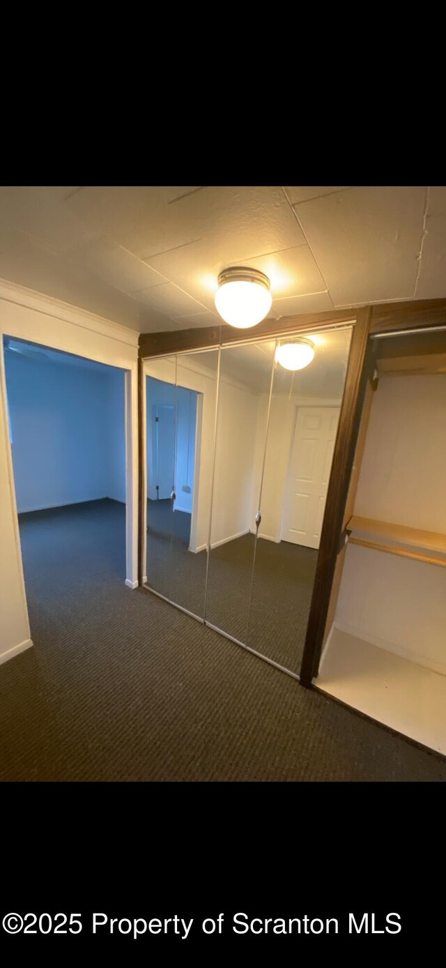 interior space featuring dark colored carpet