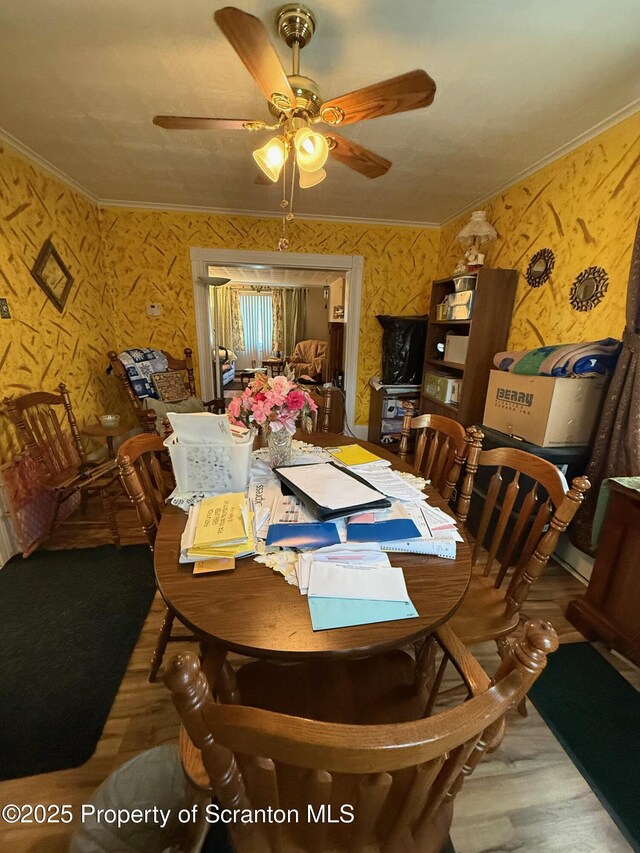 dining area with ceiling fan, ornamental molding, wallpapered walls, and wood finished floors