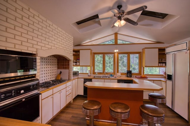 kitchen with ceiling fan, lofted ceiling with skylight, appliances with stainless steel finishes, white cabinets, and dark hardwood / wood-style floors