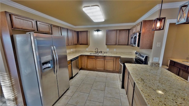 kitchen with pendant lighting, light tile floors, light stone countertops, appliances with stainless steel finishes, and sink