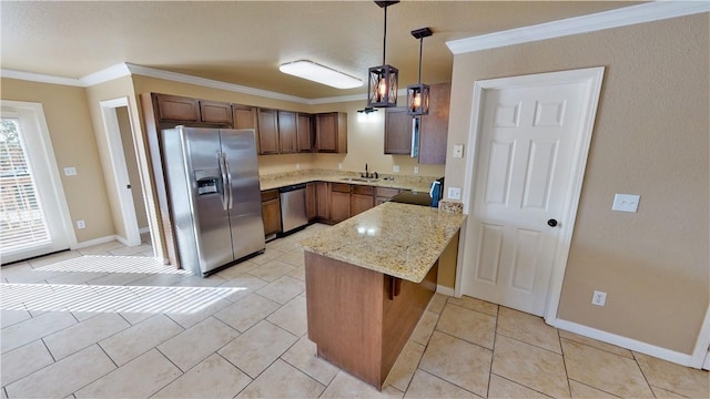 kitchen with light stone counters, light tile floors, stainless steel appliances, sink, and hanging light fixtures