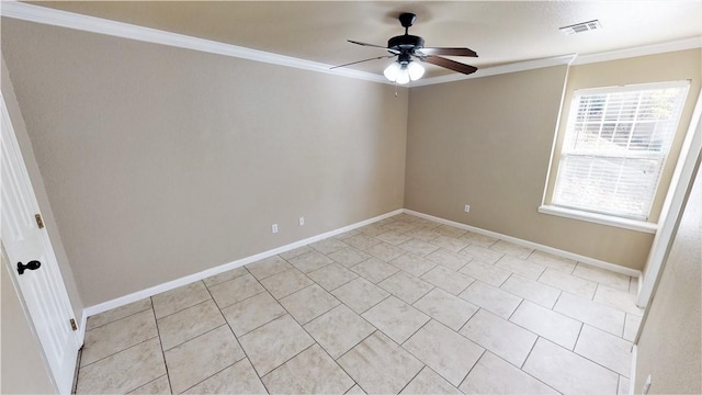 empty room featuring crown molding, light tile flooring, and ceiling fan