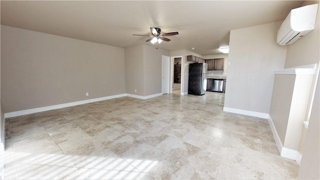 unfurnished living room featuring a wall mounted AC, light tile flooring, and ceiling fan