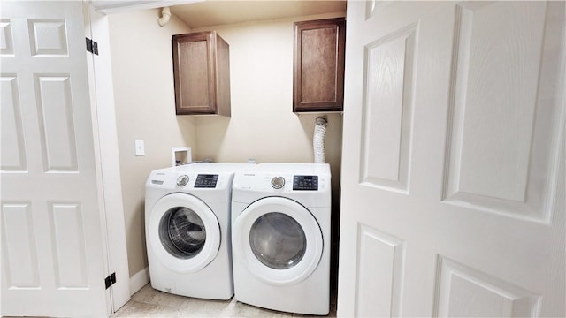 laundry area with cabinets, washer and dryer, and hookup for a washing machine