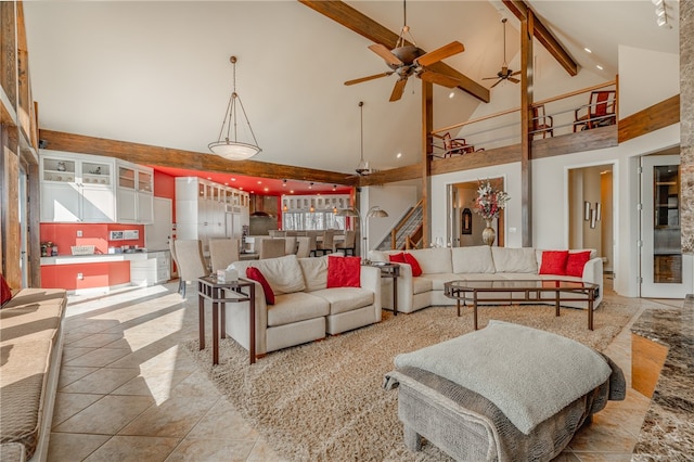 18515 Dream Catcher, Garfield, AR 72732 - living room with high vaulted ceiling, beam ceiling, light tile flooring, and ceiling fan