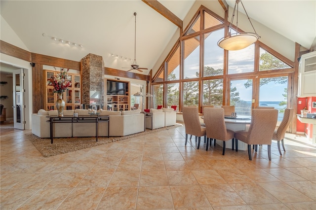18515 Dream Catcher, Garfield, AR 72732 - dining space with a healthy amount of sunlight, ceiling fan, high vaulted ceiling, and rail lighting