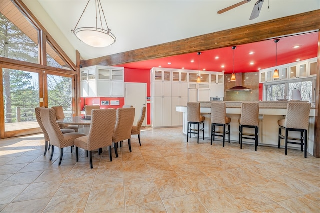 18515 Dream Catcher, Garfield, AR 72732 - tiled dining room with ceiling fan, beamed ceiling, and high vaulted ceiling
