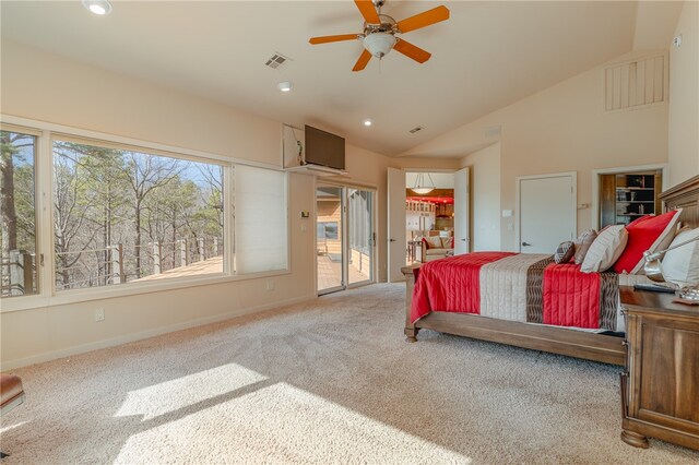 18515 Dream Catcher, Garfield, AR 72732 - carpeted bedroom with access to exterior, ceiling fan, and vaulted ceiling