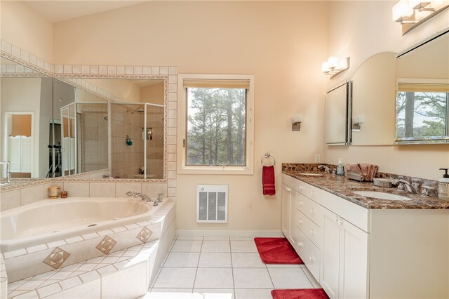 18515 Dream Catcher, Garfield, AR 72732 - bathroom with shower with separate bathtub, dual bowl vanity, tile floors, and high vaulted ceiling
