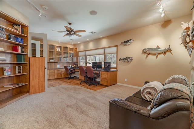 18515 Dream Catcher, Garfield, AR 72732 - office area featuring ceiling fan, track lighting, and light hardwood / wood-style floors