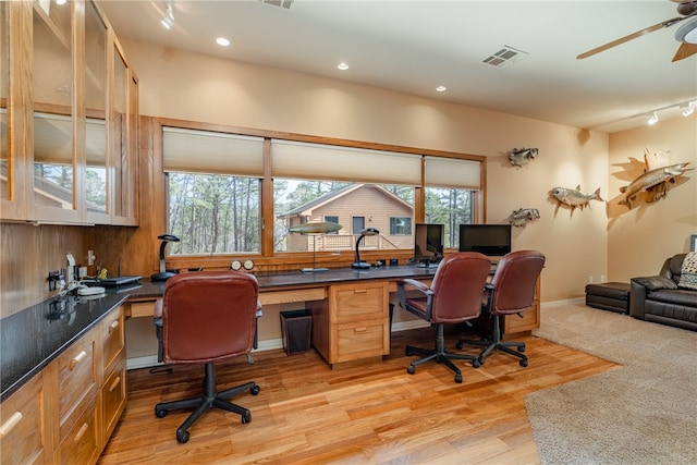 18515 Dream Catcher, Garfield, AR 72732 - office area featuring track lighting, light hardwood / wood-style floors, ceiling fan, and built in desk