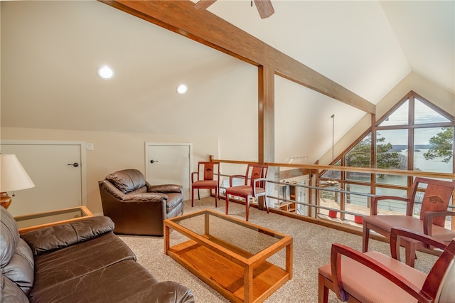 18515 Dream Catcher, Garfield, AR 72732 - living room featuring lofted ceiling with beams, light colored carpet, and ceiling fan
