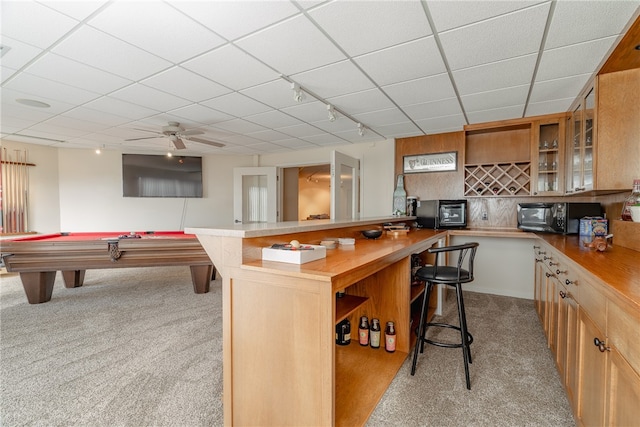 18515 Dream Catcher, Garfield, AR 72732 - interior space with ceiling fan, billiards, rail lighting, a drop ceiling, and light colored carpet