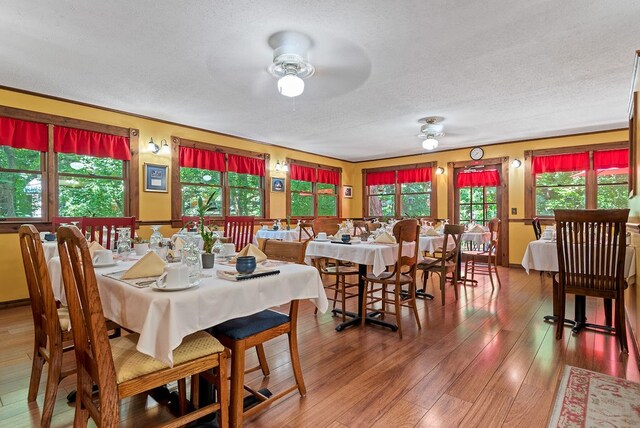 dining space featuring ceiling fan, dark wood-type flooring, and a textured ceiling