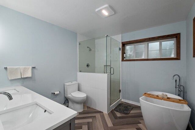 full bathroom with toilet, separate shower and tub, dual vanity, and parquet flooring