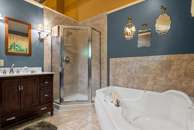 bathroom featuring tile floors, vanity, and plus walk in shower