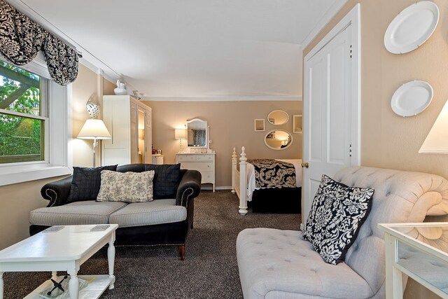 living room featuring crown molding and dark colored carpet