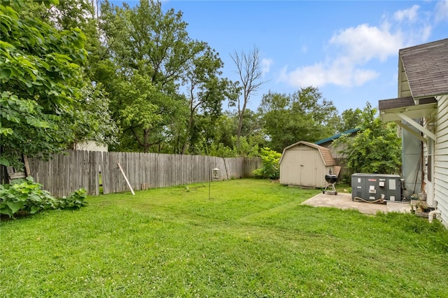 view of yard with a patio and a storage unit