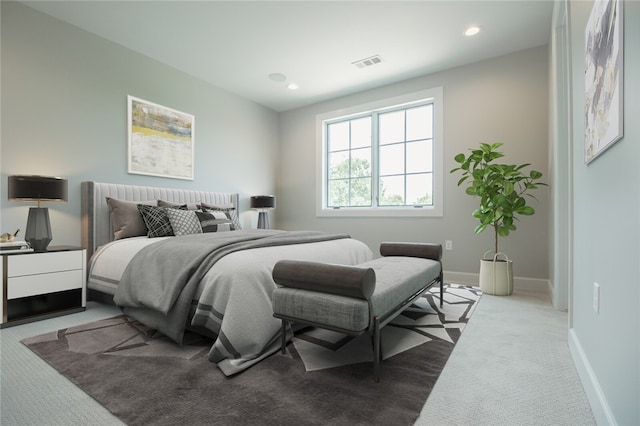 bedroom featuring dark colored carpet