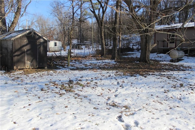 yard covered in snow featuring a storage unit