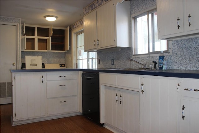 kitchen with tasteful backsplash, dark hardwood / wood-style floors, dishwasher, and sink