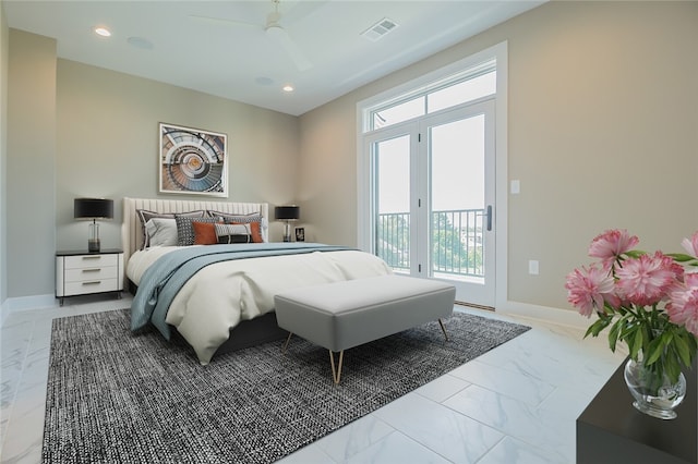 tiled bedroom with ceiling fan, access to outside, and french doors