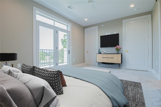 bedroom featuring light tile floors, access to exterior, ceiling fan, and multiple windows