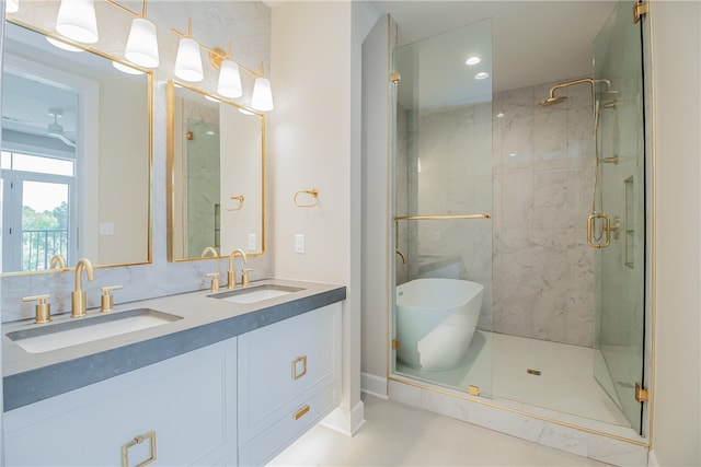 bathroom featuring tile walls, walk in shower, double vanity, backsplash, and tile flooring