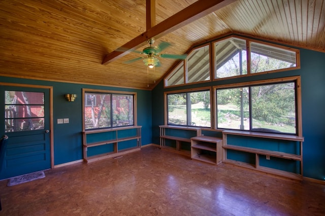 unfurnished room featuring vaulted ceiling with beams, wooden ceiling, ceiling fan, and a healthy amount of sunlight