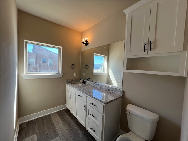 bathroom with toilet, large vanity, and wood-type flooring