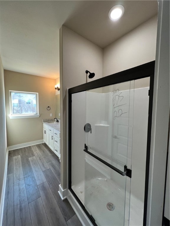 bathroom featuring walk in shower, dual vanity, and wood-type flooring