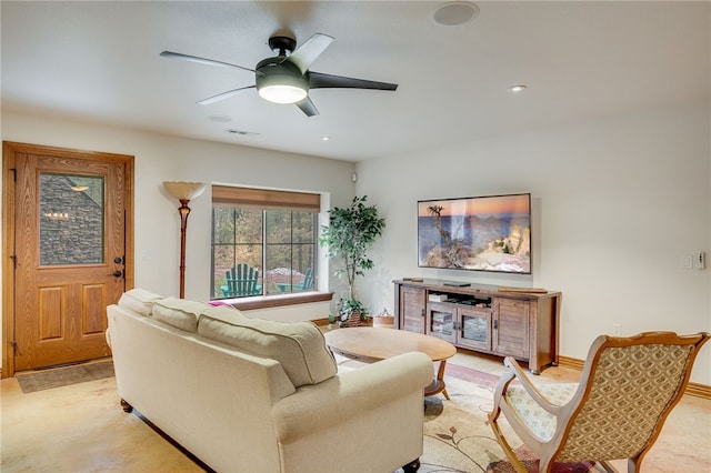 living room with ceiling fan