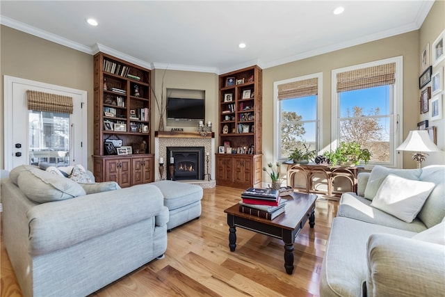 living room featuring light hardwood / wood-style floors and ornamental molding