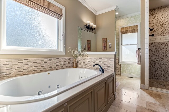 bathroom with plus walk in shower, tile patterned flooring, and crown molding