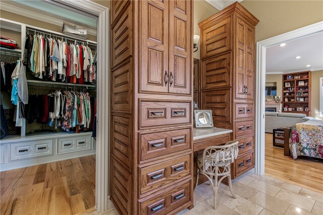 interior space featuring crown molding and a closet