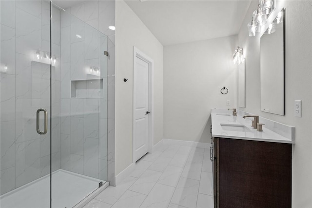 3058 W Berkeley Ave, Rogers, AR 72758 - bathroom featuring baseboards, double vanity, and a shower stall