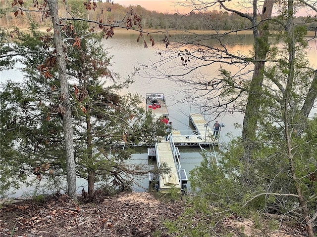 property exterior at dusk featuring a dock and a water view