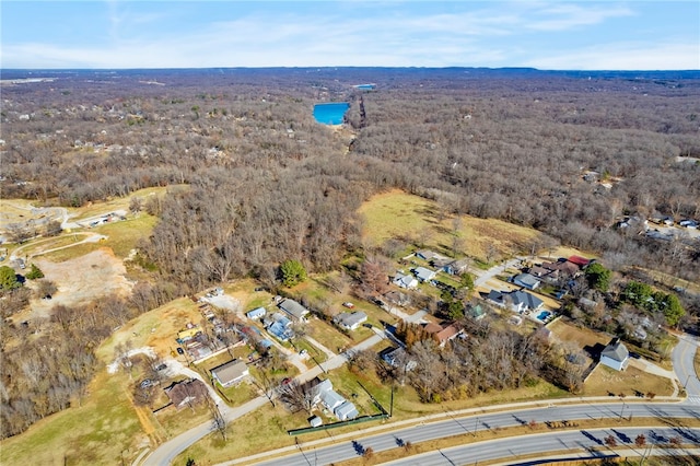 birds eye view of property featuring a wooded view