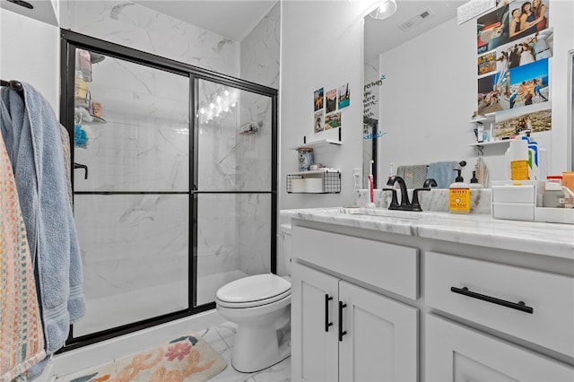 bathroom with walk in shower, tile patterned flooring, toilet, and vanity