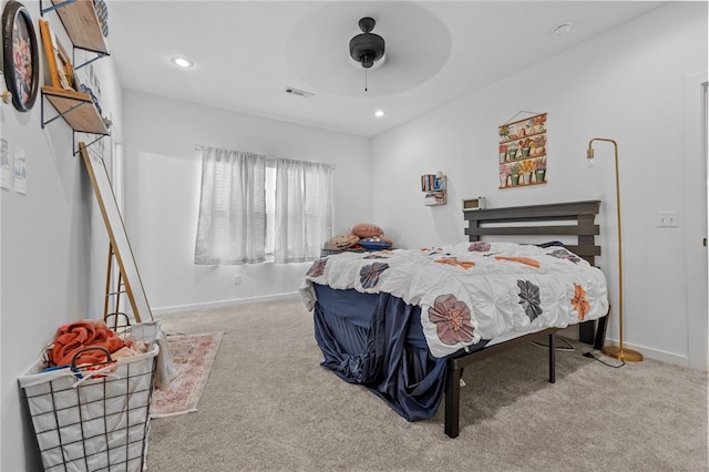 carpeted bedroom featuring ceiling fan