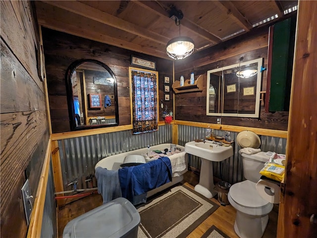 bathroom featuring toilet, wood ceiling, and wood-type flooring