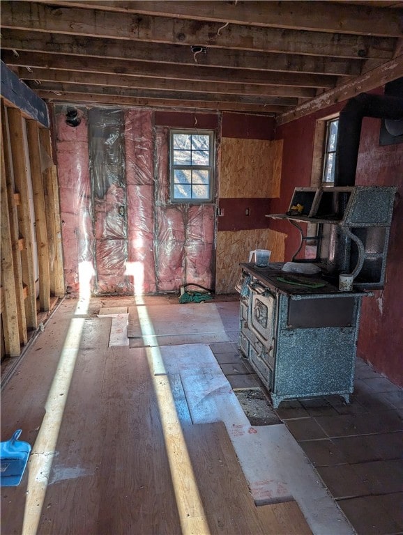 basement featuring a wood stove