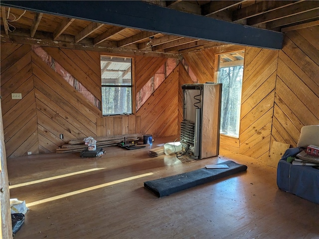 interior space featuring wooden walls, plenty of natural light, and dark wood-type flooring