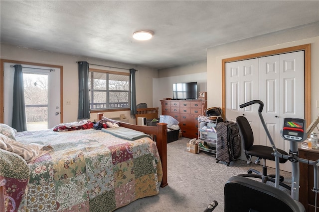 carpeted bedroom featuring a closet and multiple windows