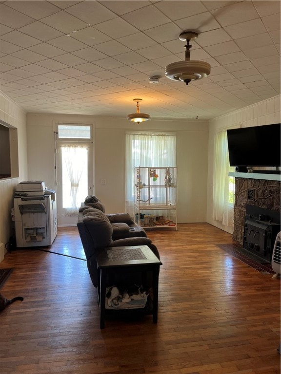 living room featuring a stone fireplace and dark wood-type flooring