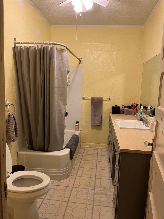 full bathroom with shower / tub combo, ceiling fan, toilet, tile flooring, and vanity